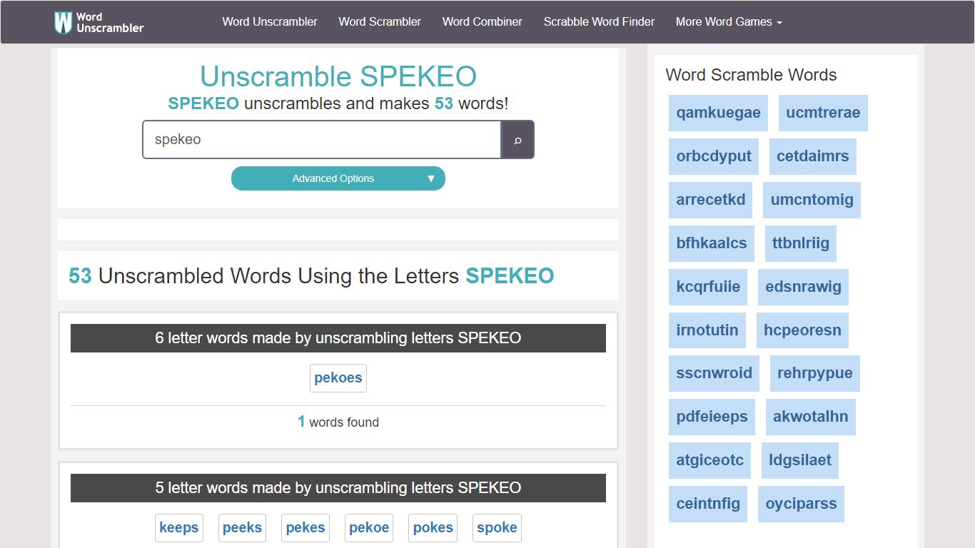 Unscramble SPEKEO - Unscrambled 53 words from letters in SPEKEO